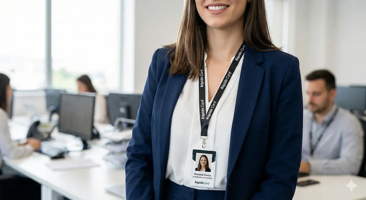 Crachá de identificação em PVC personalizado com foto, nome, cargo e dados variáveis da Rápido Card